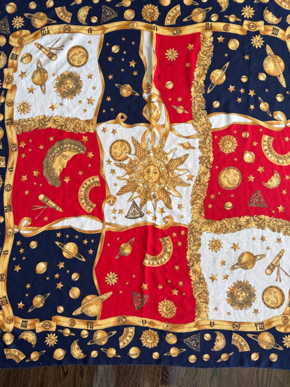 Art of the Scarf Celestial Sun & Planet Print Scarf in Navy, Red & White - 46”
